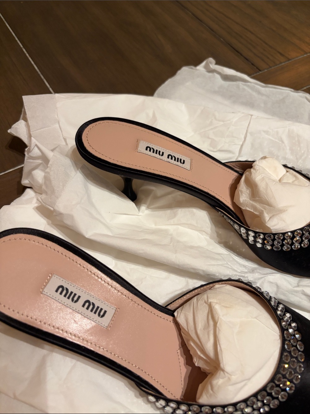 Miu Miu Black Satin Crystal-Embellished Slide Mules - Picture 3 of 6